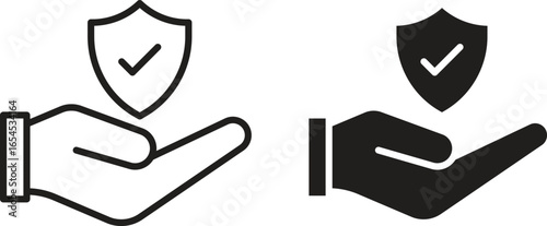 Two variations of a hand holding a shield icon with a check mark, isolated on white. Line art and solid black versions.