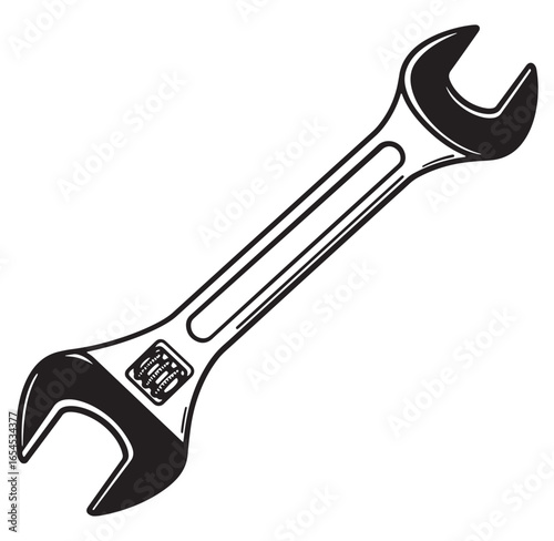 Simple black and white illustration of an adjustable wrench isolated on white background