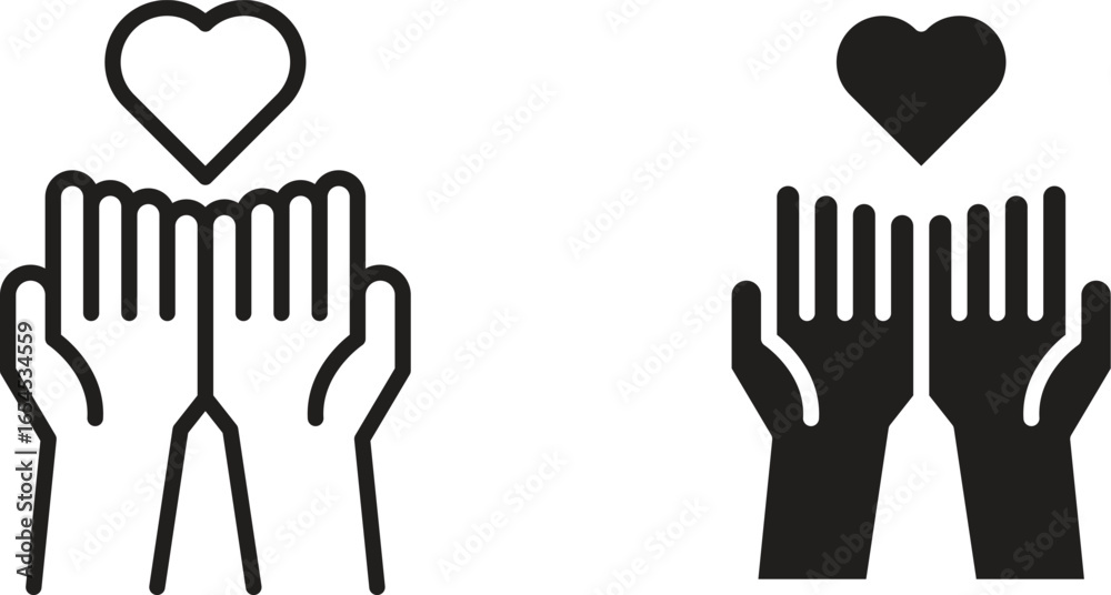 Obraz premium Two variations of a simple icon depicting hands holding a heart, isolated on white.