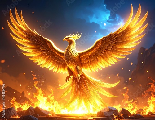 Golden phoenix rising from flames, glowing feathers, mystical background, highly detailed fantasy illustration, Generated image