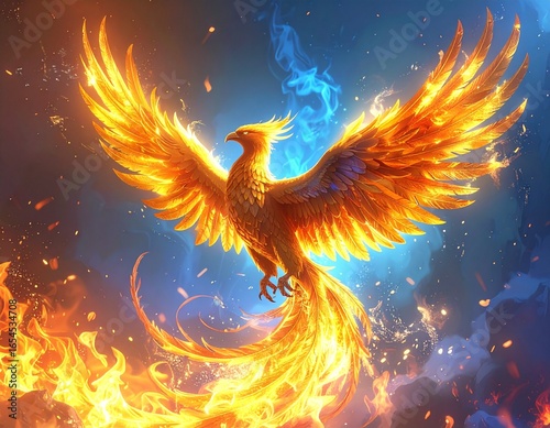 Golden phoenix rising from flames, glowing feathers, mystical background, highly detailed fantasy illustration, Generated image