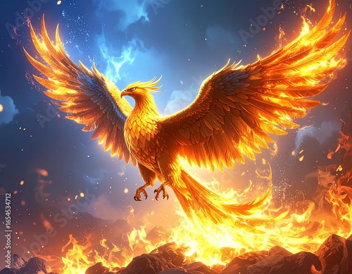 Golden phoenix rising from flames, glowing feathers, mystical background, highly detailed fantasy illustration, Generated image