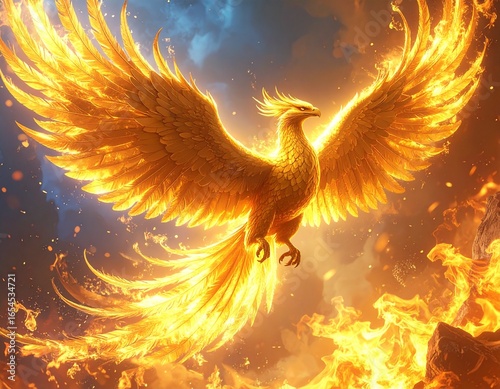 Golden phoenix rising from flames, glowing feathers, mystical background, highly detailed fantasy illustration, Generated image