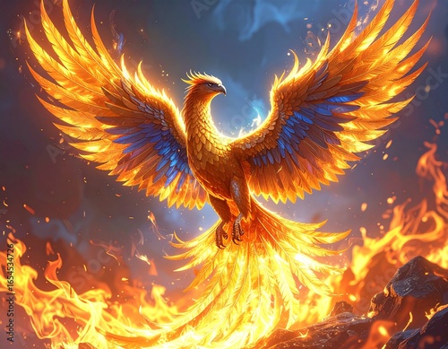 Golden phoenix rising from flames, glowing feathers, mystical background, highly detailed fantasy illustration, Generated image