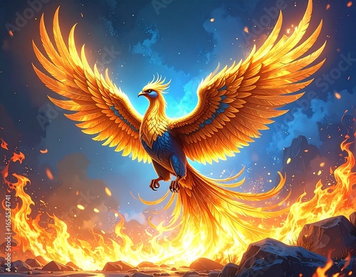 Golden phoenix rising from flames, glowing feathers, mystical background, highly detailed fantasy illustration, Generated image