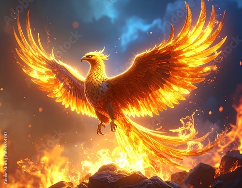 Golden phoenix rising from flames, glowing feathers, mystical background, highly detailed fantasy illustration, Generated image