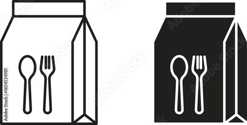 Line art and solid black icon of a takeout food bag with spoon and fork. Perfect for restaurant menus or apps.