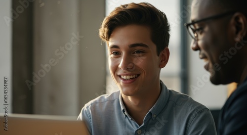 Smiling Gen Z Employee Engaged in Mentorship and Learning Session with Diverse Colleague in Modern Workplace