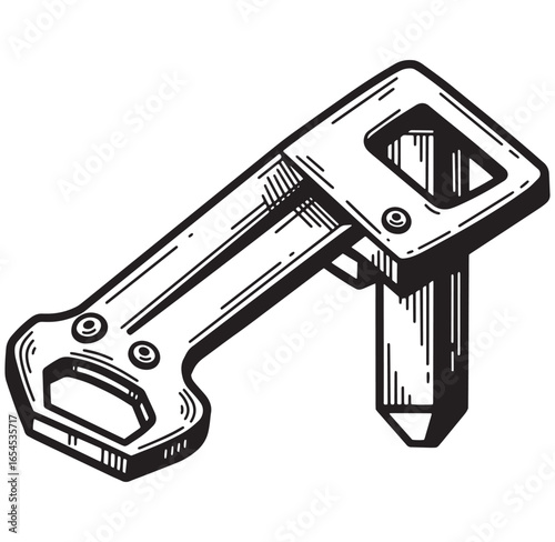 Vintage style black and white illustration of a bottle opener tool and keyhole shape