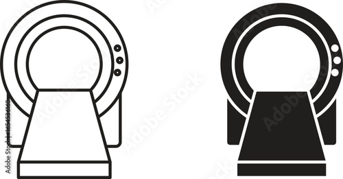Two simple line art icons of a CT scan machine, one black and one white, isolated on white.