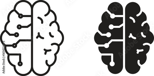 Illustration of a brain with integrated circuit board design, showcasing a blend of organic and technological elements. Isolated on white.