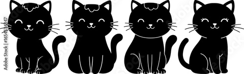 Aadorable black kittens sit sweetly with bright eyes and curled tails creating charming feline silhouette