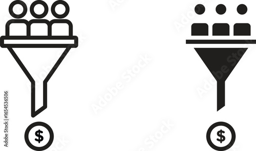 Two variations of a sales funnel icon showing customers converting into revenue. Line art and solid black versions.