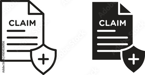 Illustration of a claim form with a shield and plus symbol, representing insurance or protection.