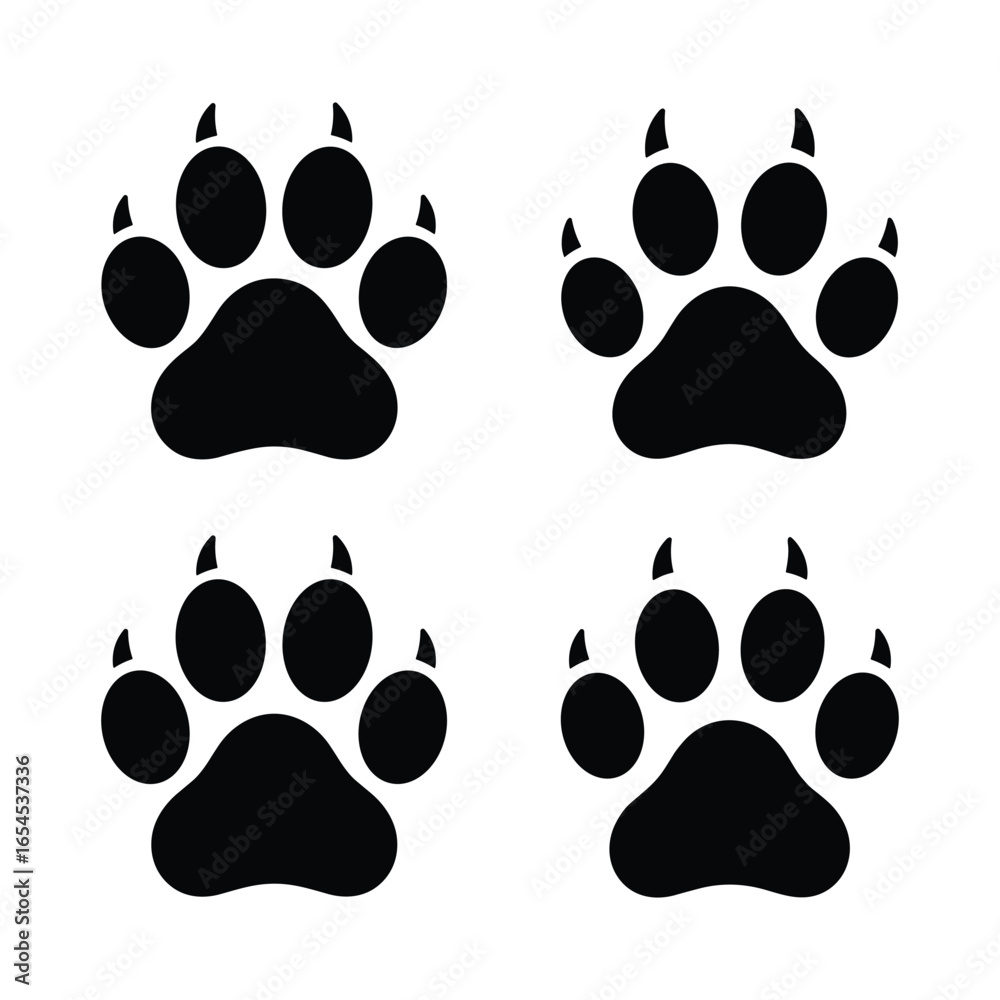 Fototapeta premium Four black paw prints with visible claws on a white background
