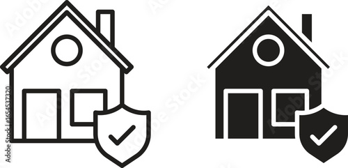 Two house icons, one line art, one solid, each with a shield and checkmark, signifying security or protection. Isolated on white.