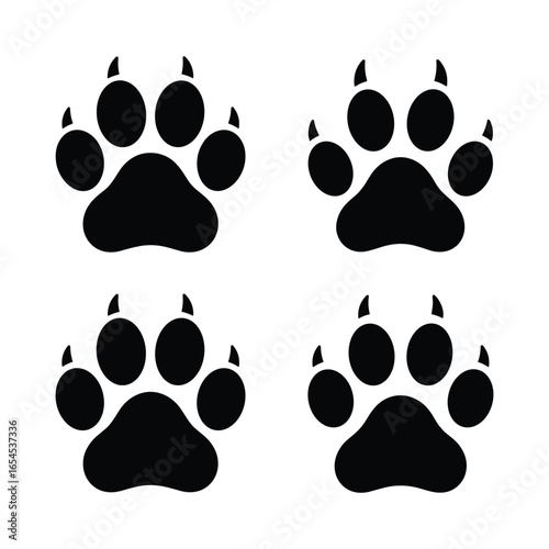 Four black paw prints with visible claws on a white background