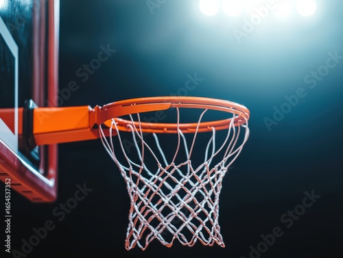 A close-up view of a basketball hoop, showcasing the net and rim under dramatic lighting, emphasizing the sport's intensity and excitement.