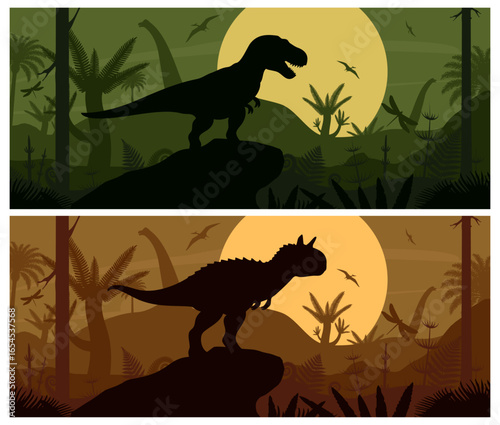 Two banners. Dinosaurs silhouettes on rocky hills against a large sun in a prehistoric jungle. Vector illustration with pterosaurs, tropical plants, and dramatic lighting.