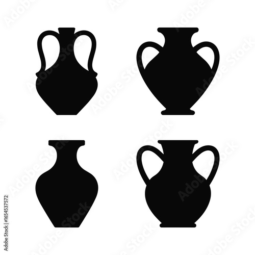 Four silhouettes of ancient greek amphorae and vases on white background