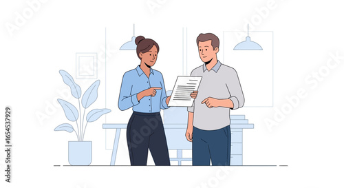 Business colleagues reviewing a contract in a bright contemporary office