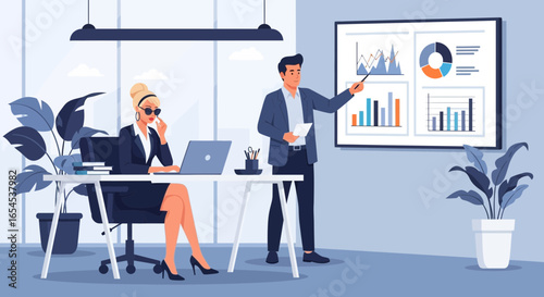 Business presentation with analytical data in contemporary office setting
