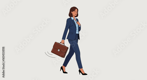 Businesswoman in pantsuit strides confidently with briefcase illustration