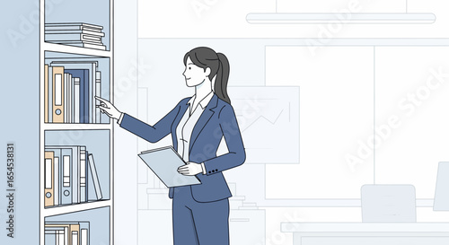 Businesswoman organizing documents in office bookshelf for efficient workflow