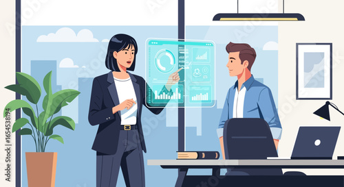 Businesswoman presenting virtual data dashboard to a colleague in modern office