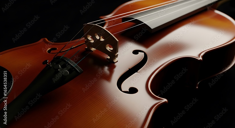 Fototapeta premium The rich textures of a classical violin, bathed in soft light, exquisitely presented against a dark black background, evoking timeless musical artistry.