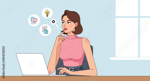 Cartoon woman in contemplation with a laptop, amidst idea symbols icons