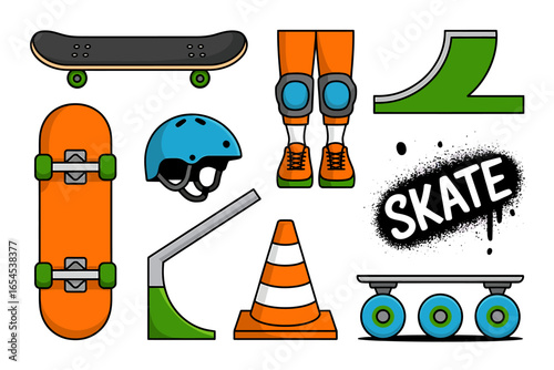 Collection of skateboarding equipment and obstacles for extreme sports