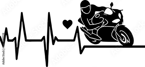 Black silhouette illustration of a motorcyclist riding a sport bike, integrated with a heartbeat line and a heart symbol, representing passion and love for motorcycles