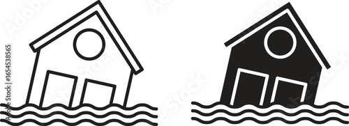 Two simple house icons, one black and one white, partially submerged in wavy water, isolated on white.