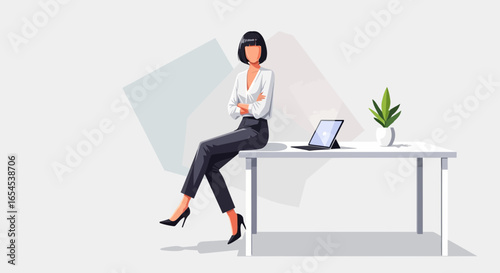 Confident businesswoman sitting on a desk, representing corporate professionalism