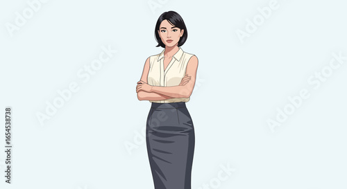 Confident businesswoman standing, professional attire, arms crossed illustration