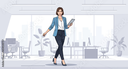 Confident businesswoman strides through a modern, light-filled office space