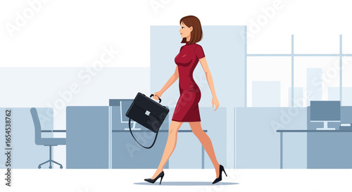 Confident businesswoman walking in office with briefcase in hand stylishly