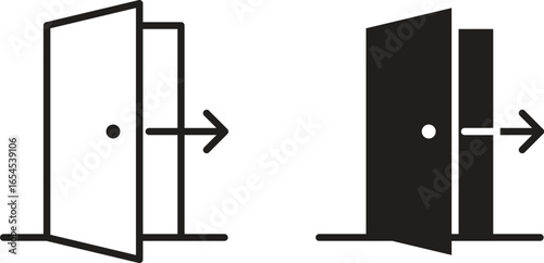Two simple door icons, one line art, one solid black, both open with arrows indicating direction. Isolated on white.
