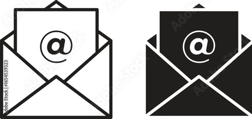 Two email icons, one black and one white, inside open envelopes. Simple, clean design, isolated on white.