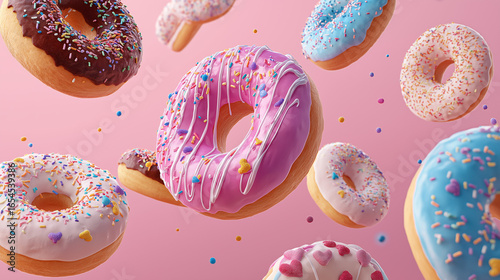 Flying Donuts, Multicolored Doughnuts with Sprinkles Floating on Pink Background, Mix of Multicolored Doughnuts with Sprinkles. Fun Sweet Design on Pink Background. Creative Dessert Art on Pastel Pink