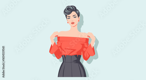 Elegant young woman in off shoulder blouse, with retro hairstyle and makeup