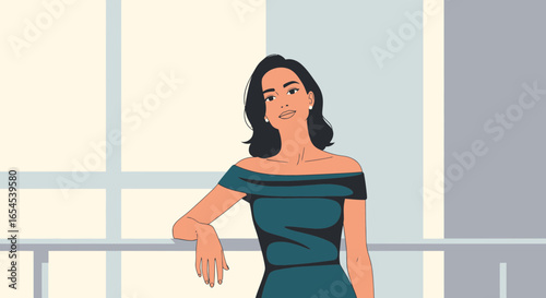 Elegantly posed woman in a sophisticated dress near a window facade