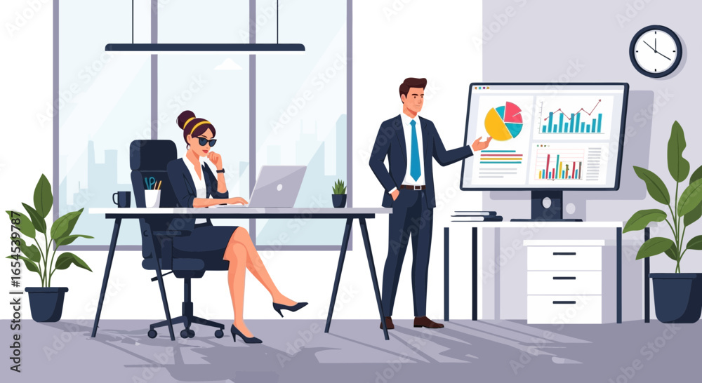 Fototapeta premium Executive business analysis in modern office with financial data visualization