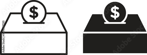 Two simple donation box icons, one white and one black, each with a dollar coin on top, isolated on white.