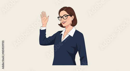 Enthusiastic woman in professional attire giving a friendly wave illustration
