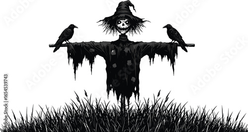 Spooky scarecrow with tattered clothes and witch hat in dark field, surrounded by black crows, Halloween horror concept