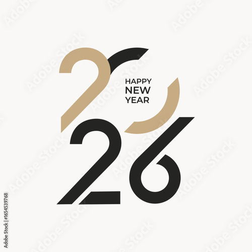 Holiday, minimal Happy New Year 2026 design, 2026 logo text design. New Year celebration concept. Vector, straight and strict lines emphasize the minimalist design. black, gold colors of numbers.