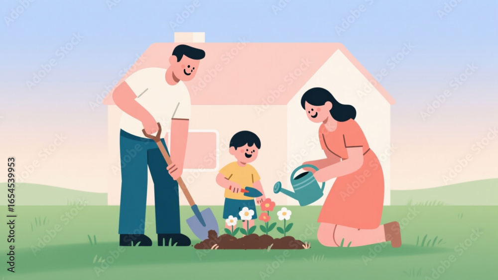 Fototapeta premium Flat vector illustration of family gardening together, clean background.