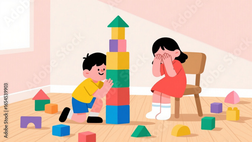 Flat vector illustration of two kids playing hide and seek indoors, clean background.